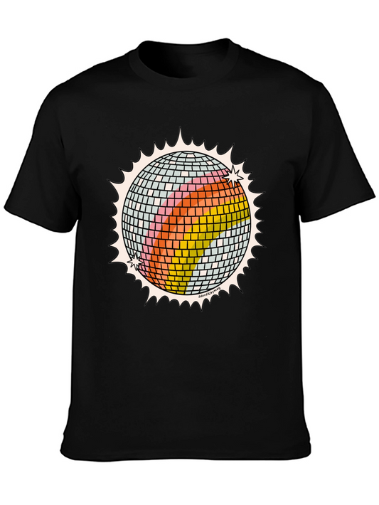 Retro Disco Ball Graphic Tee - Black Cotton T-Shirt