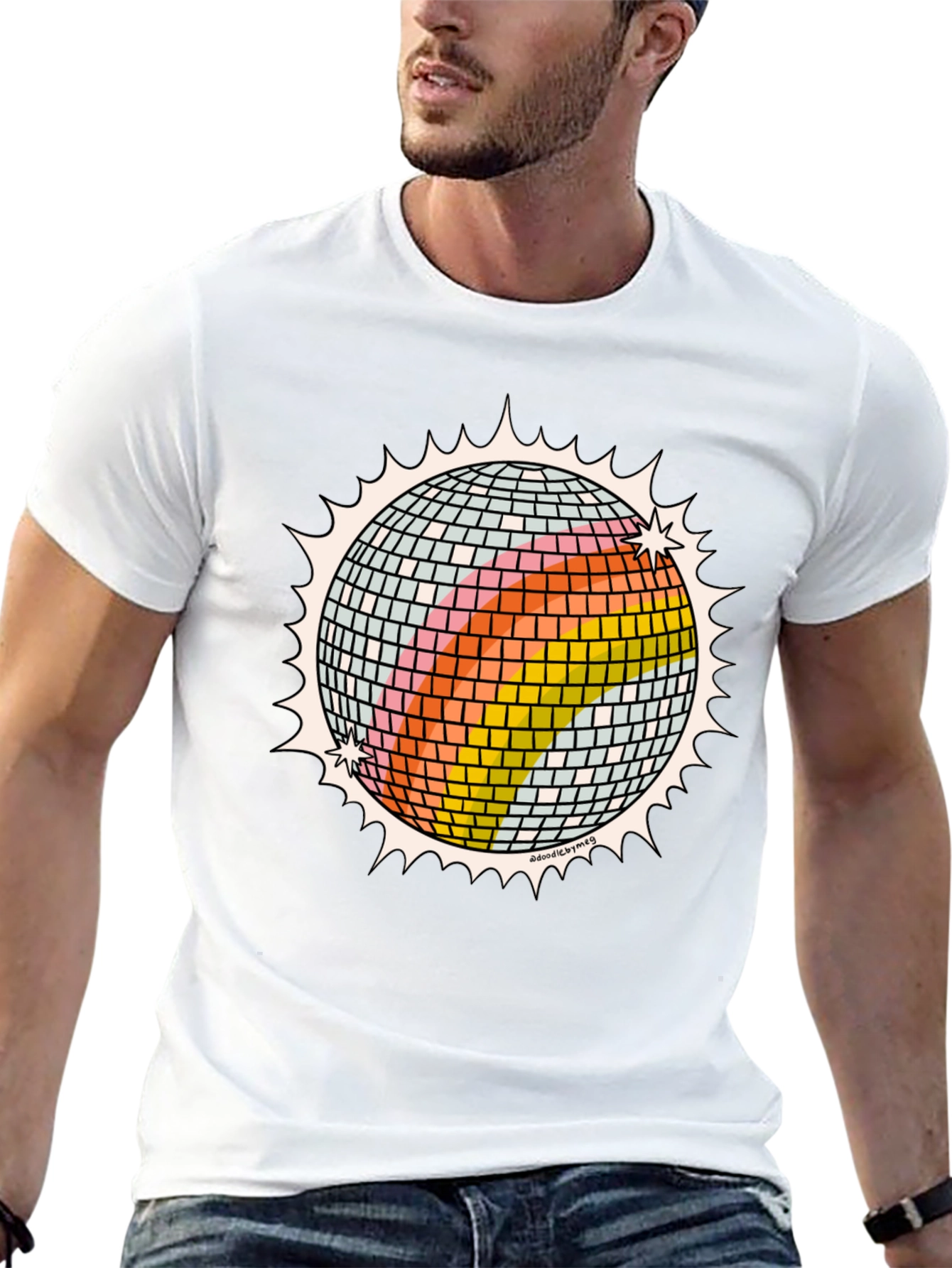 Retro Disco Ball Graphic Tee - Black Cotton T-Shirt
