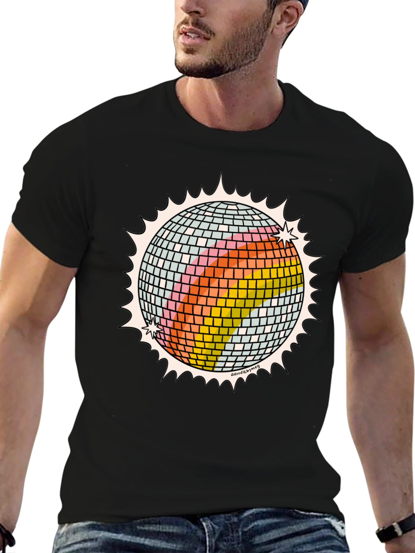 Retro Disco Ball Graphic Tee - Black Cotton T-Shirt