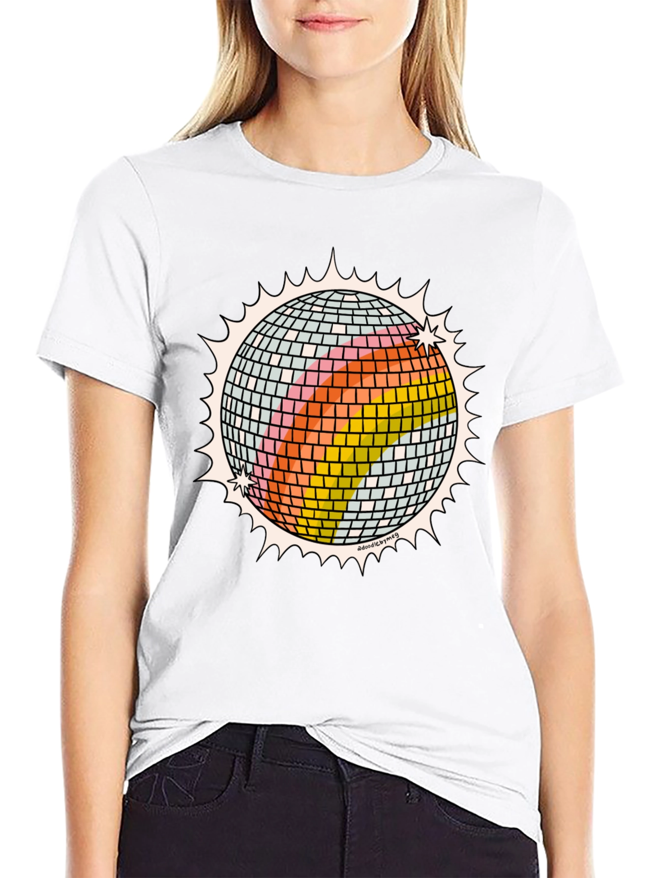 Retro Disco Ball Graphic Tee - Black Cotton T-Shirt