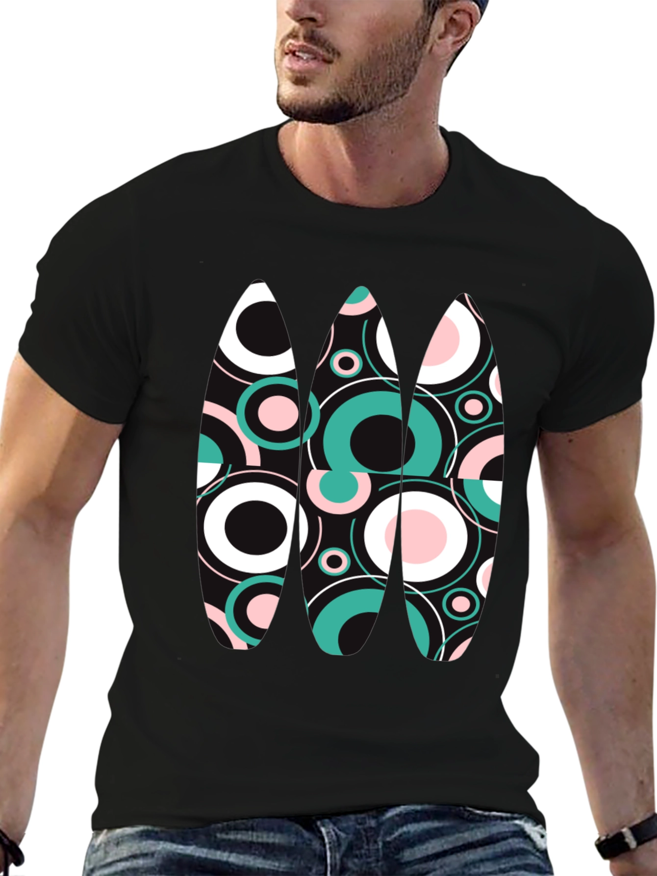 Retro Circles Graphic Tee - Black Cotton Blend