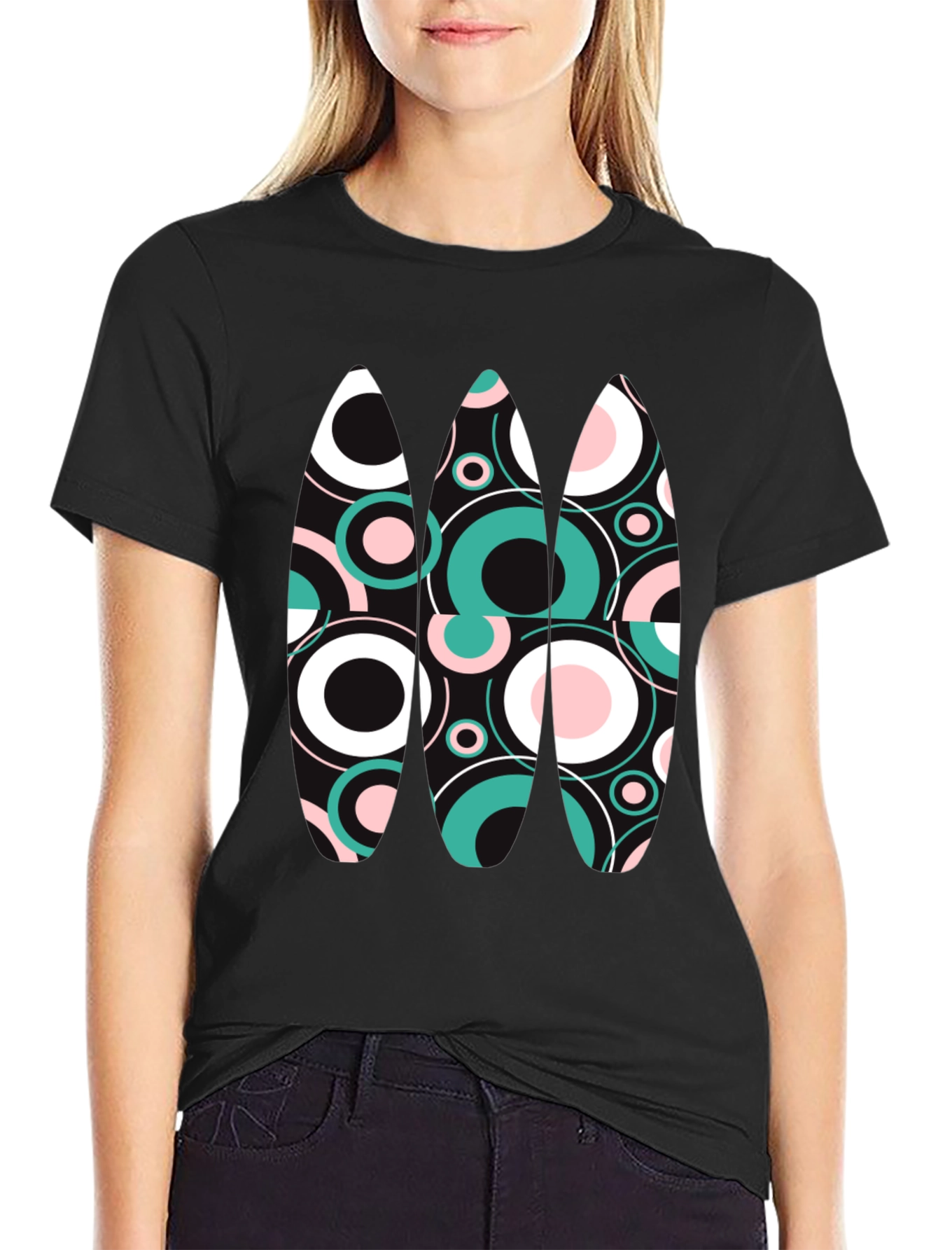 Retro Circles Graphic Tee - Black Cotton Blend