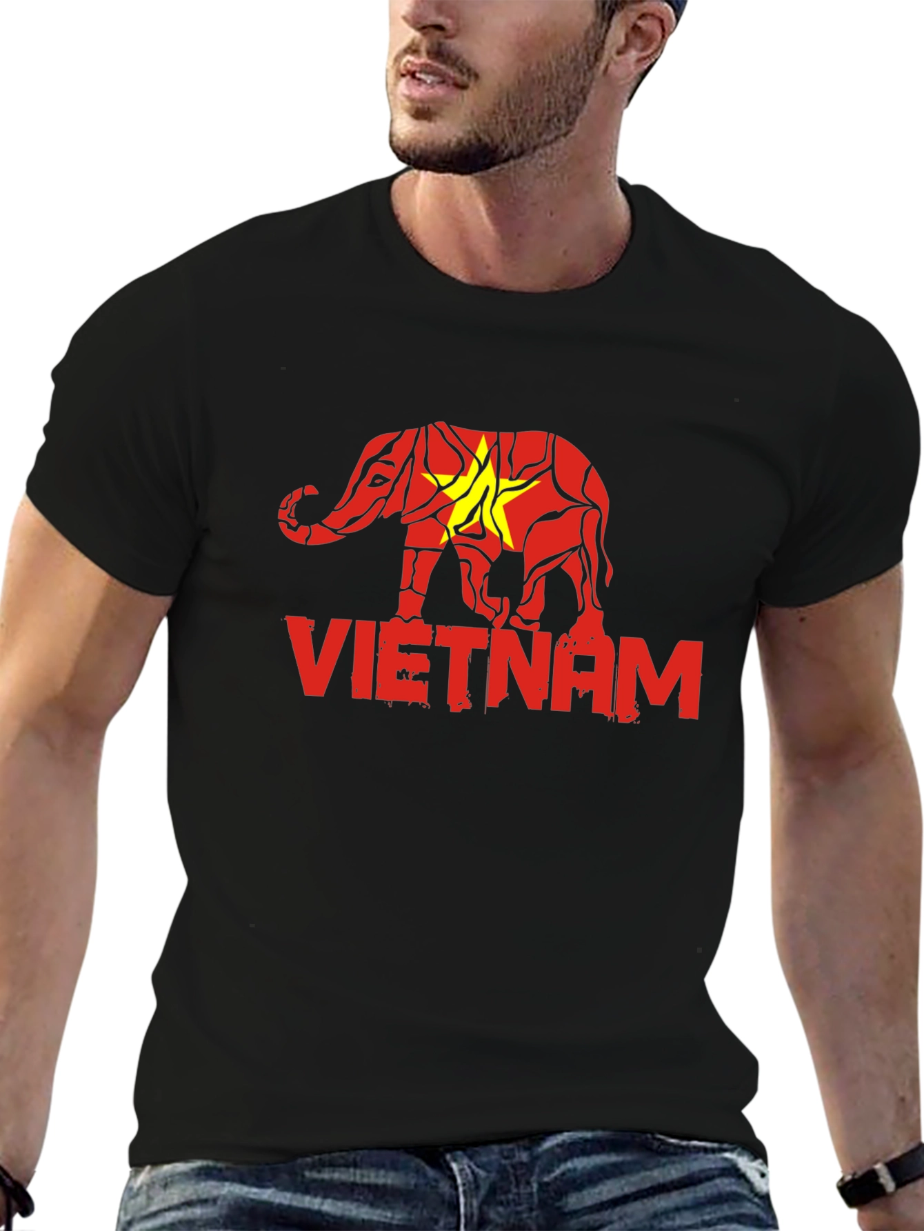Vietnam Elephant Flag Graphic Tee - Black Cotton