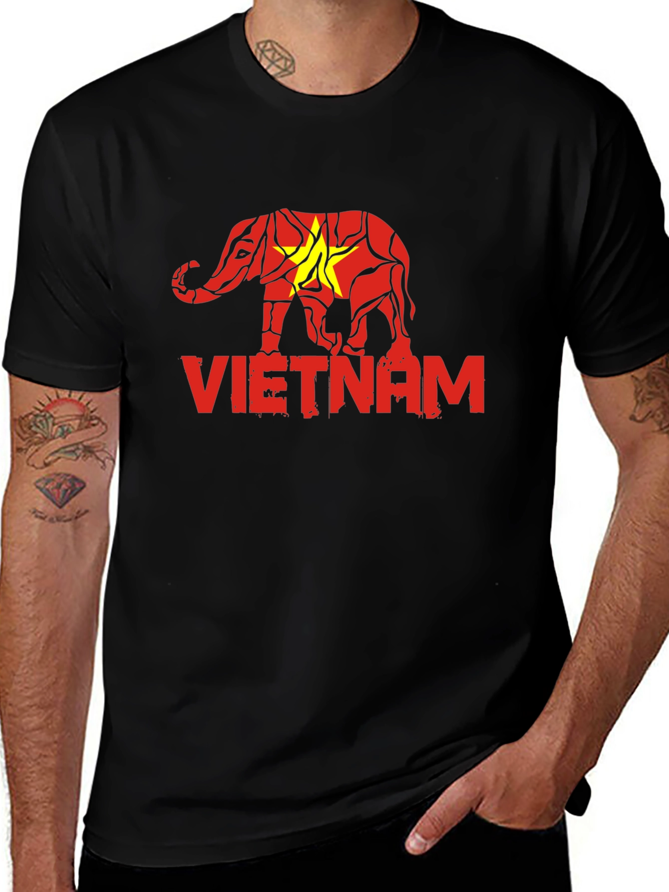 Vietnam Elephant Flag Graphic Tee - Black Cotton