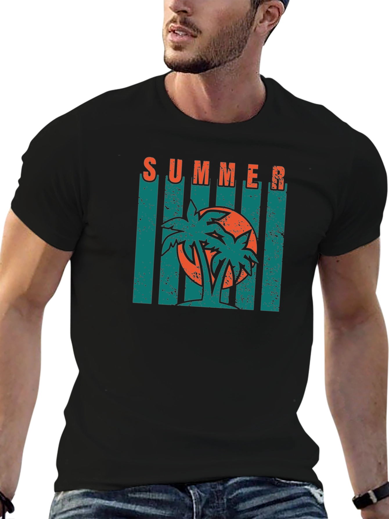 Summer Palm Tree Graphic Print Black T-Shirt