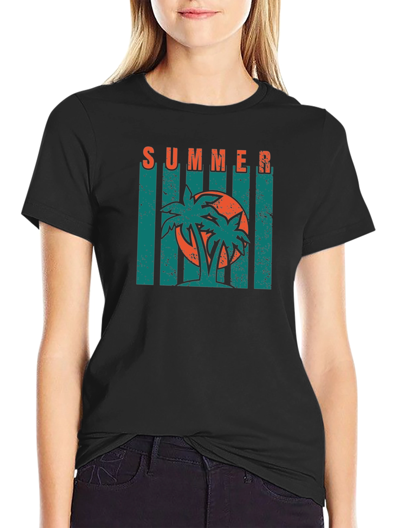 Summer Palm Tree Graphic Print Black T-Shirt