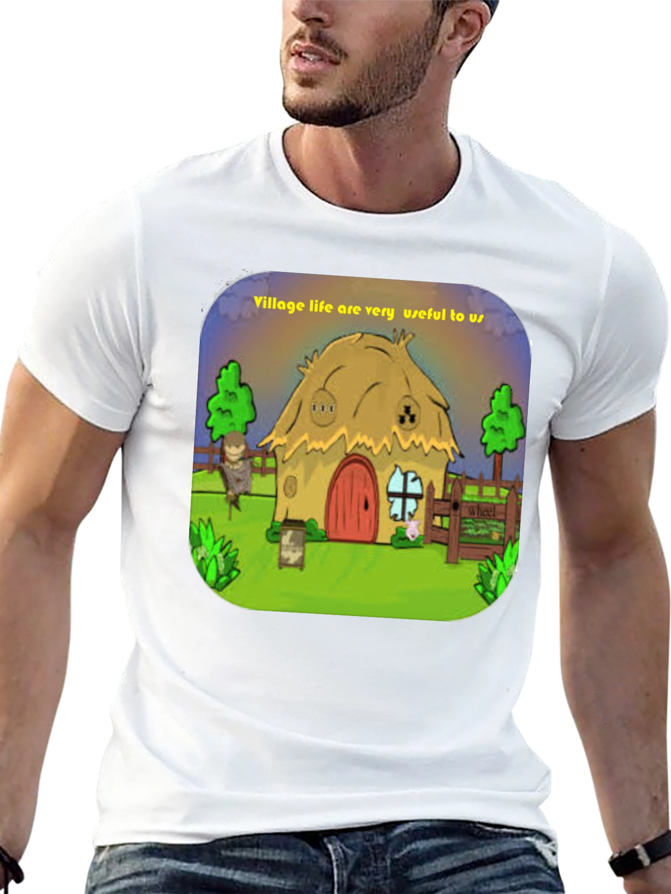Village Life Graphic Tee - Unique Cartoon Design