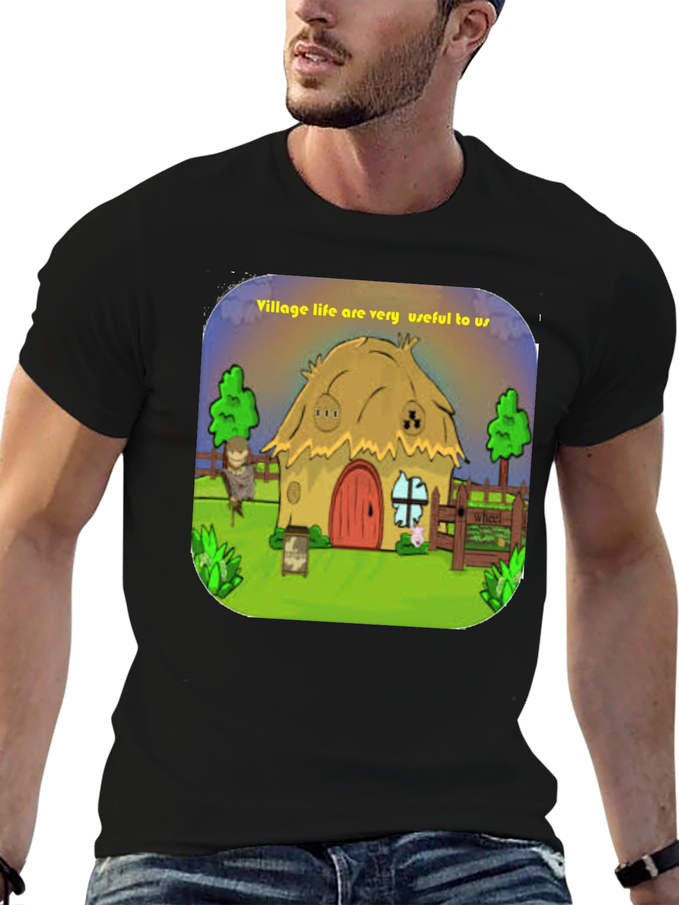 Village Life Graphic Tee - Unique Cartoon Design