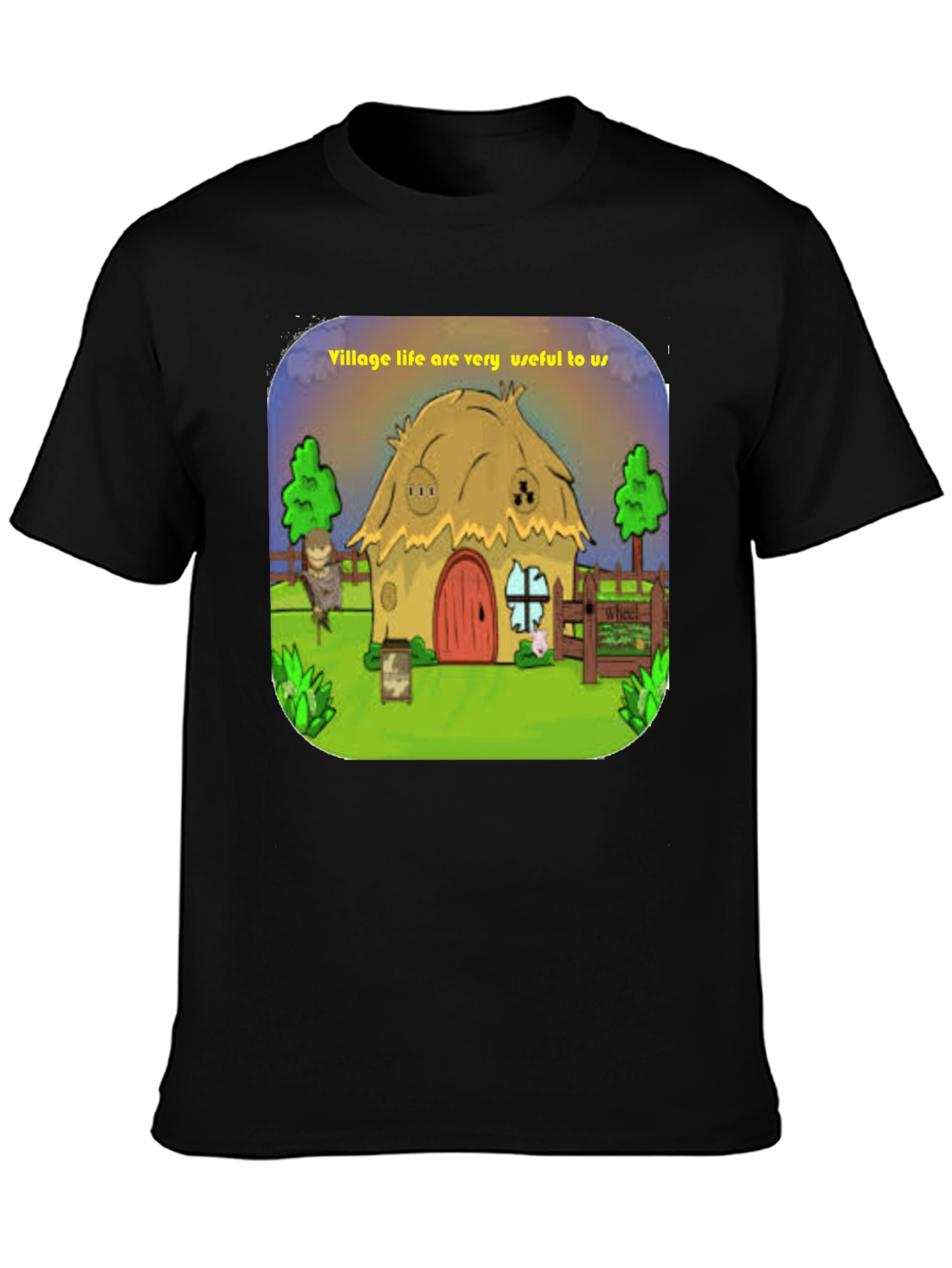 Village Life Graphic Tee - Unique Cartoon Design