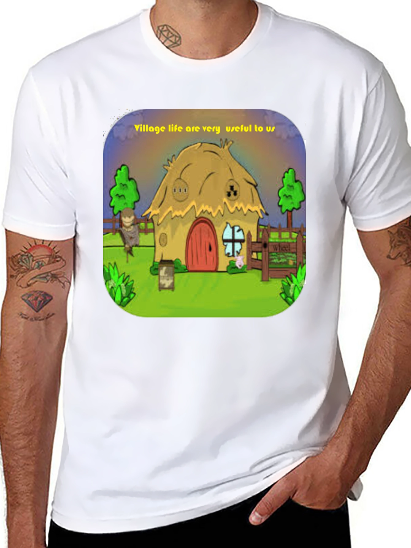 Village Life Graphic Tee - Unique Cartoon Design
