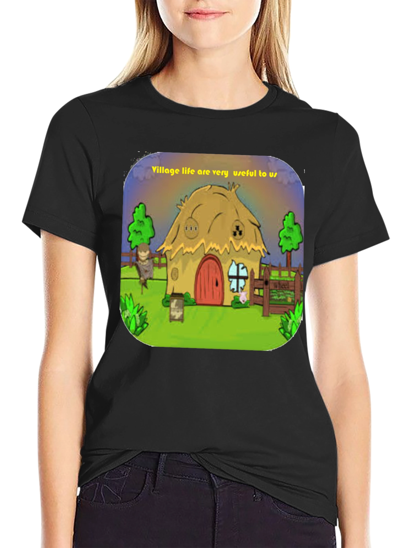 Village Life Graphic Tee - Unique Cartoon Design