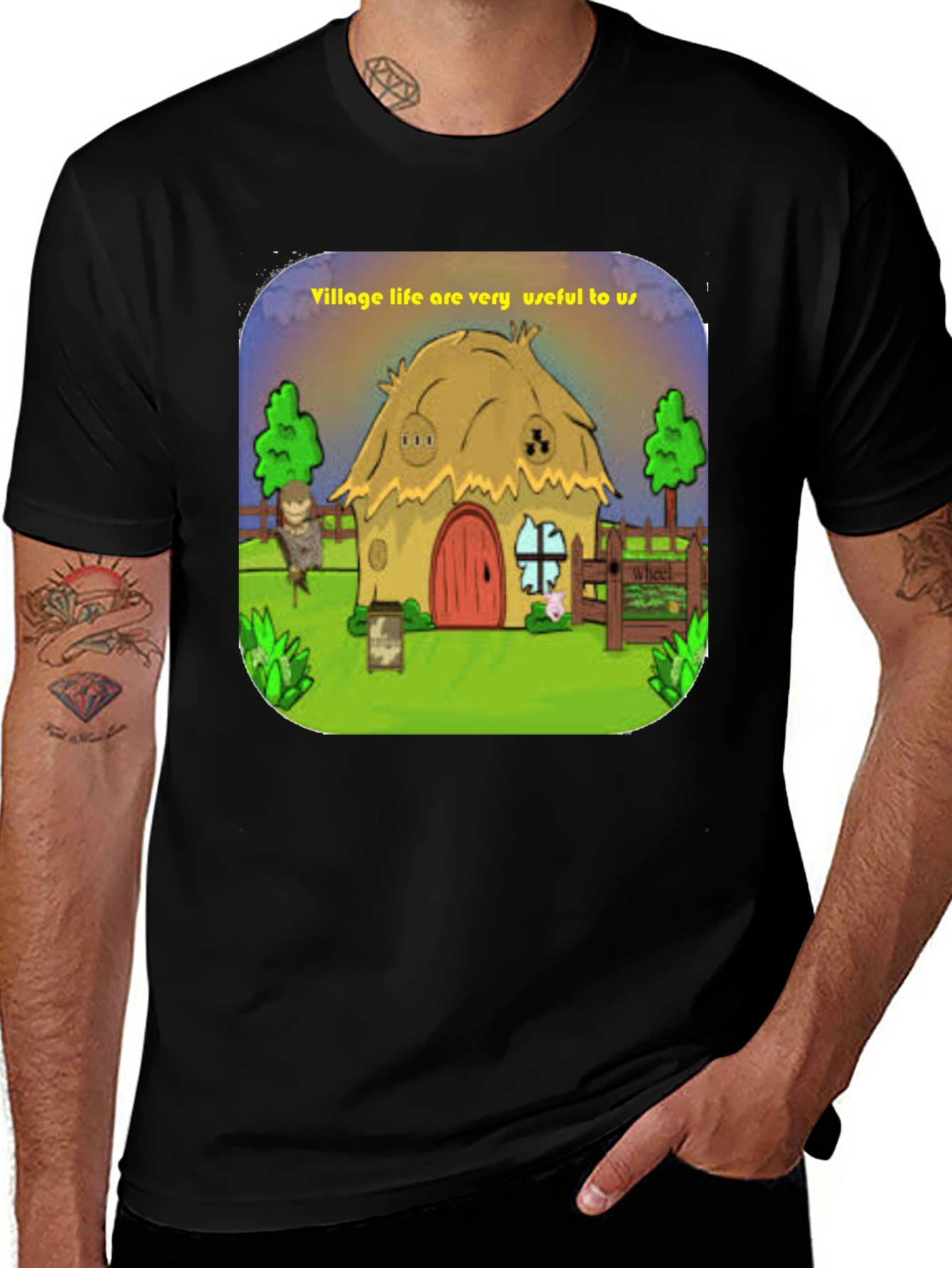 Village Life Graphic Tee - Unique Cartoon Design