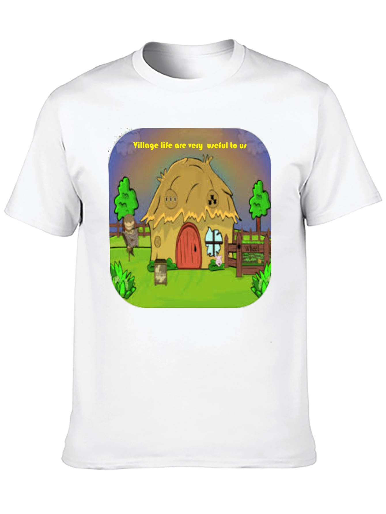 Village Life Graphic Tee - Unique Cartoon Design