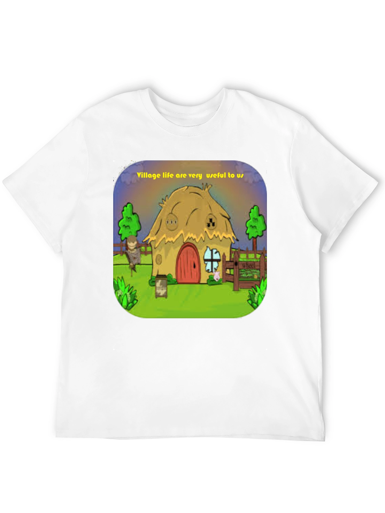 Village Life Graphic Tee - Unique Cartoon Design