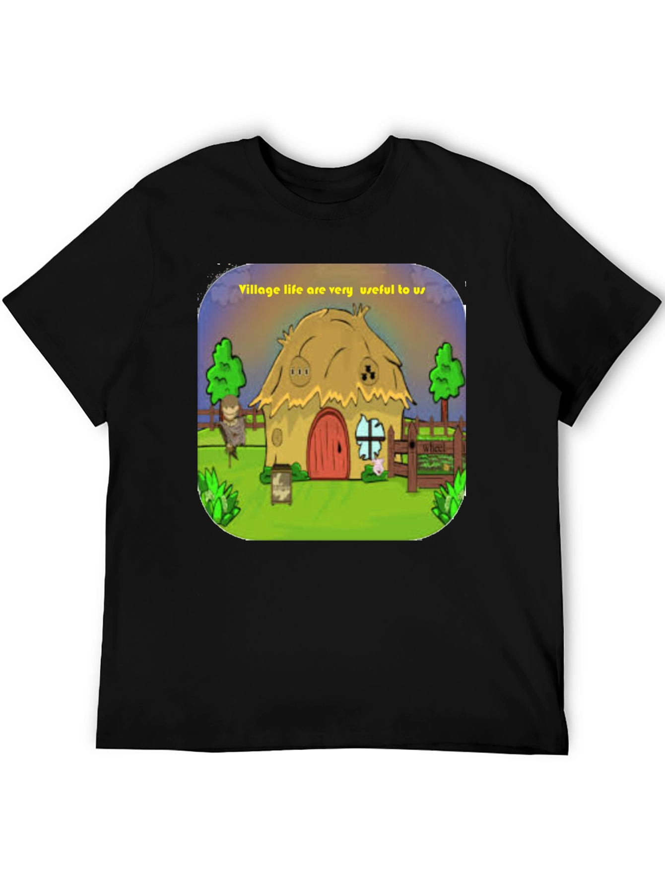 Village Life Graphic Tee - Unique Cartoon Design