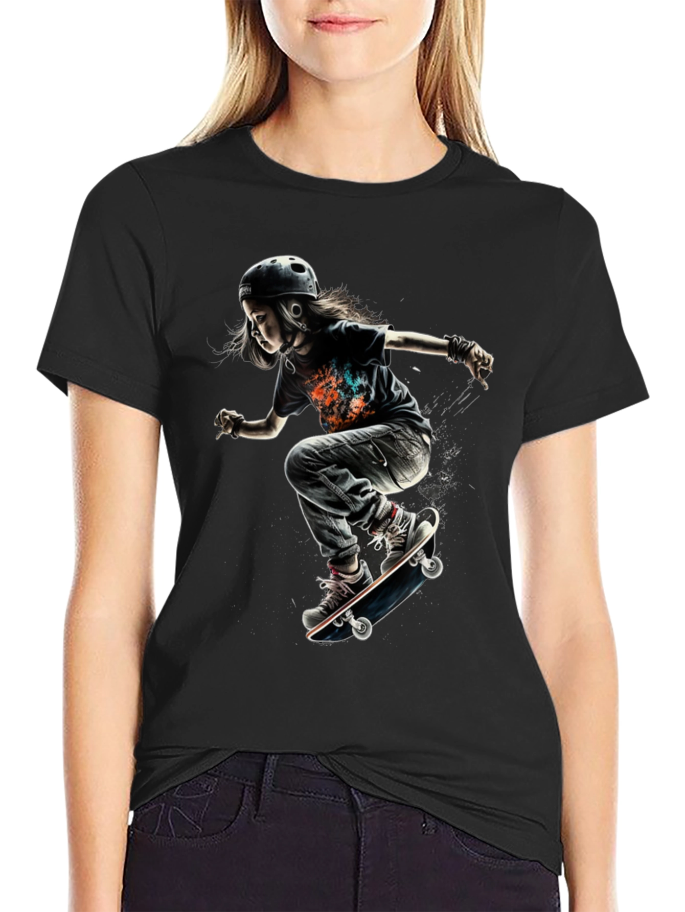 Skateboarding Kid Graphic Tee - Cool Black T-Shirt