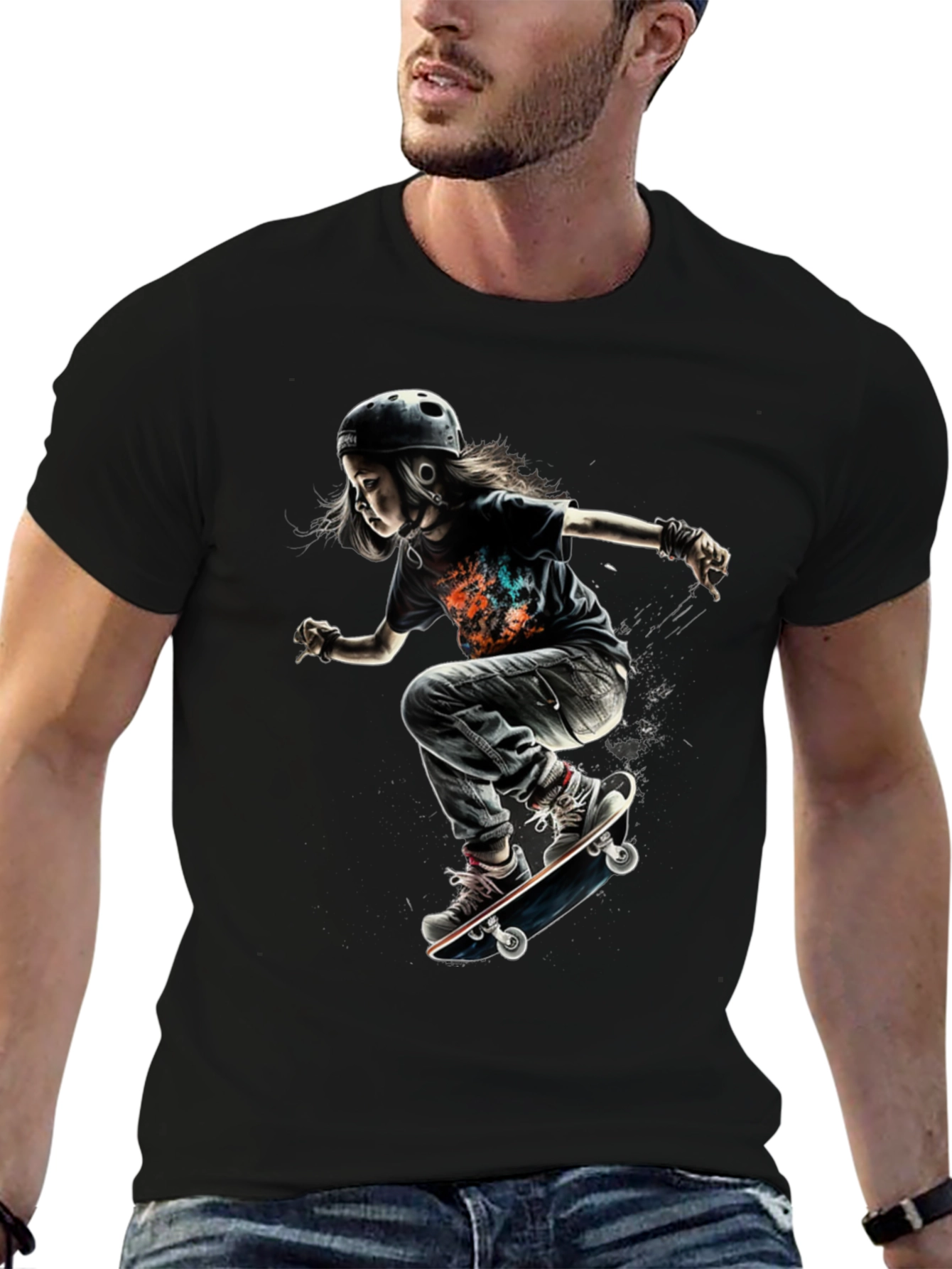 Skateboarding Kid Graphic Tee - Cool Black T-Shirt