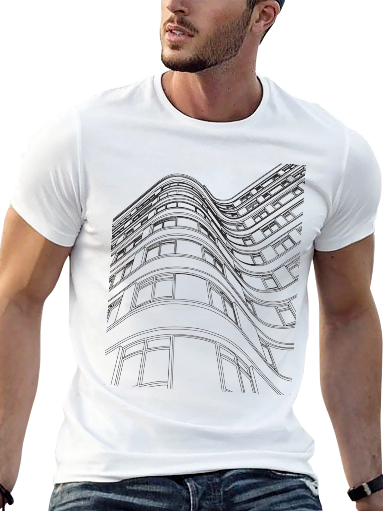 Modern Abstract Building Line Art Black T-Shirt