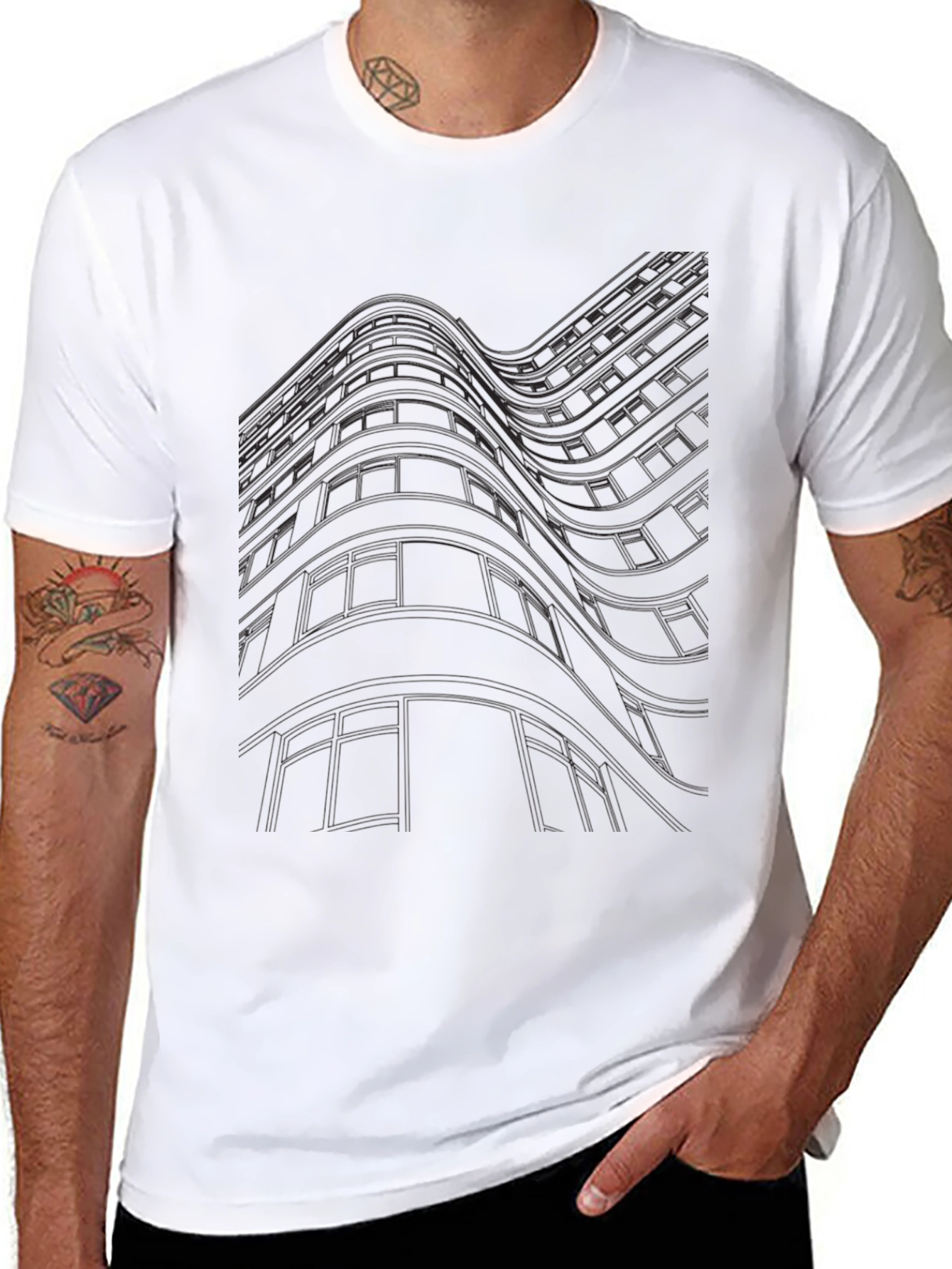 Modern Abstract Building Line Art Black T-Shirt
