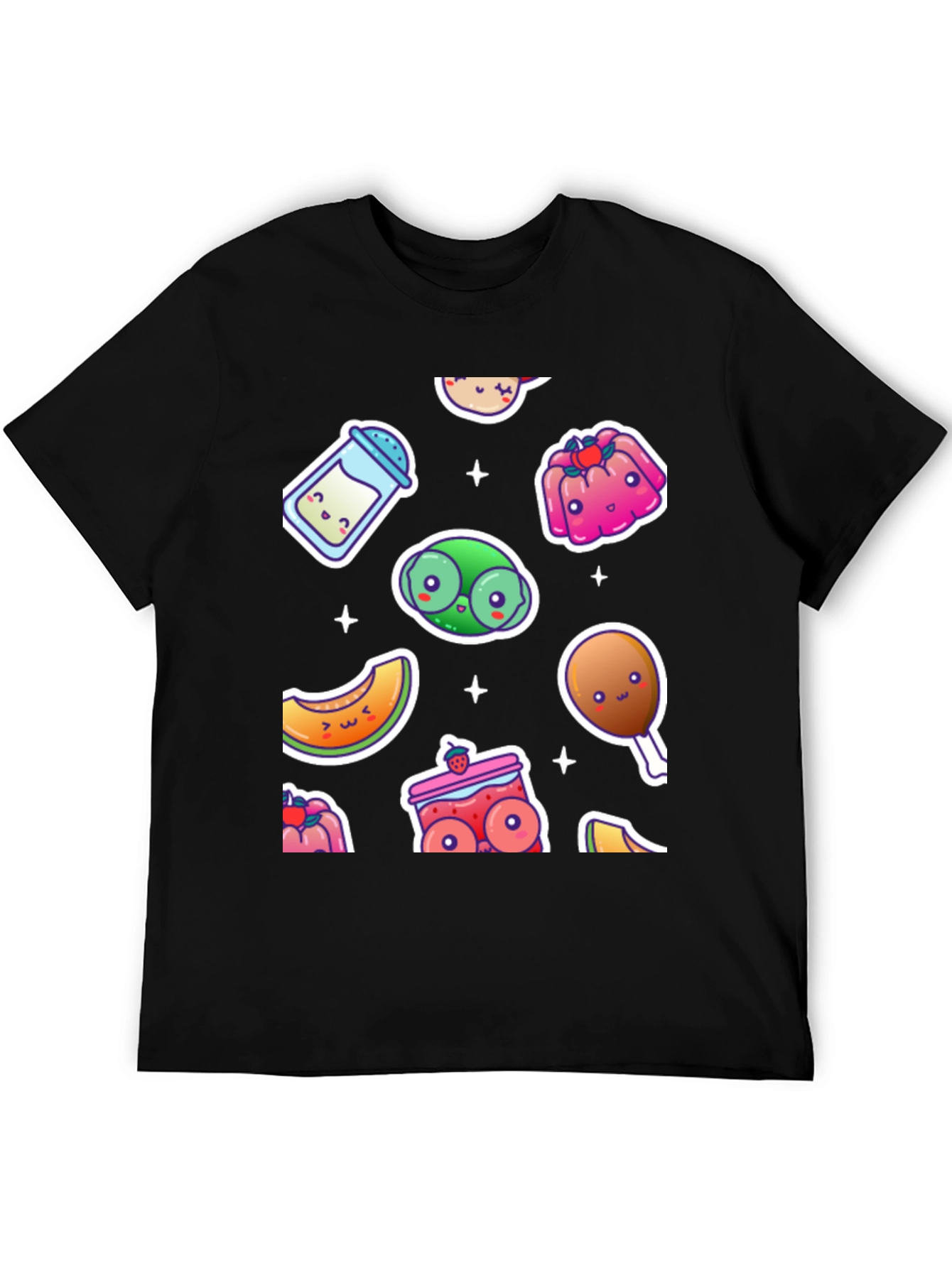 Kawaii Food Pattern Black T-Shirt