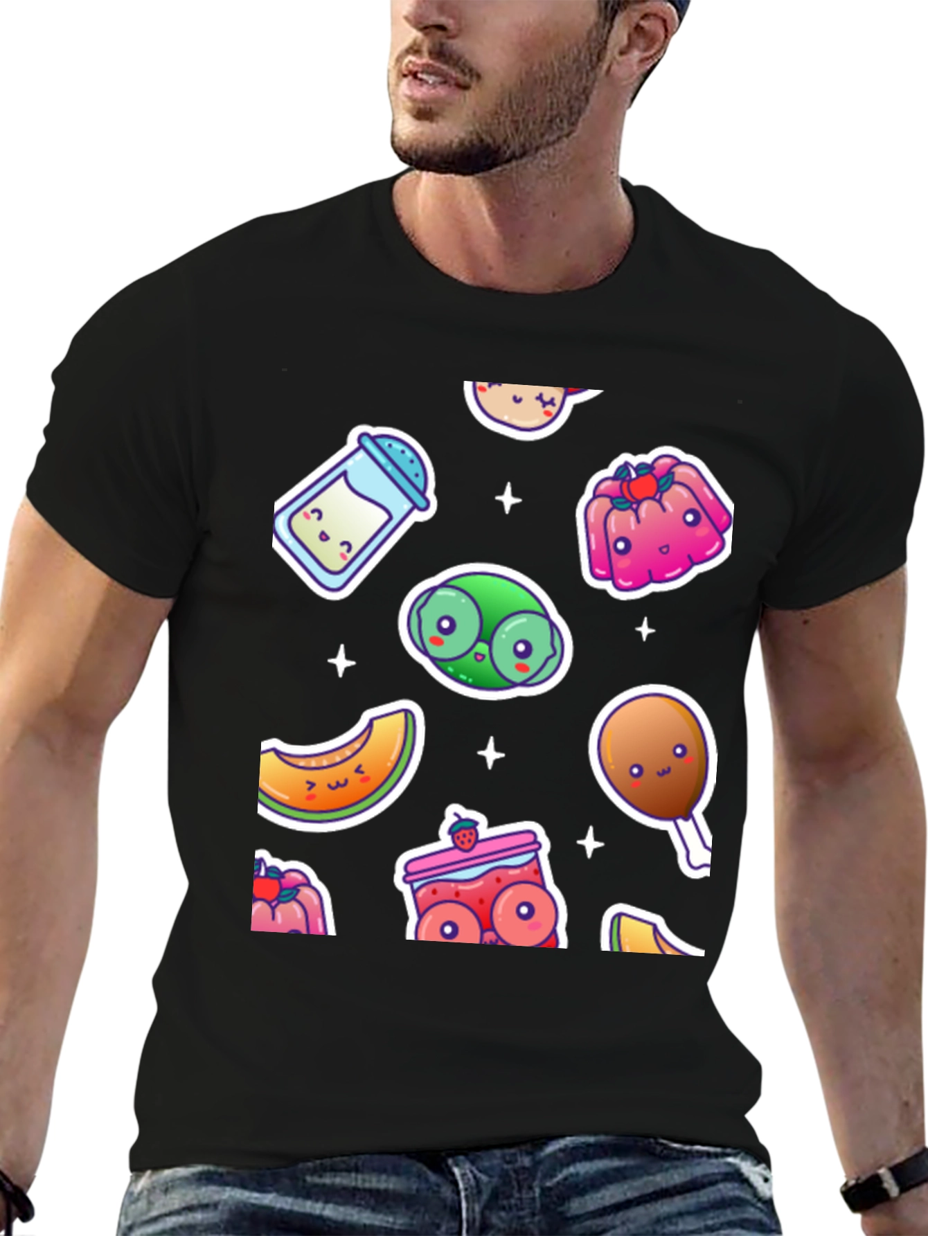 Kawaii Food Pattern Black T-Shirt
