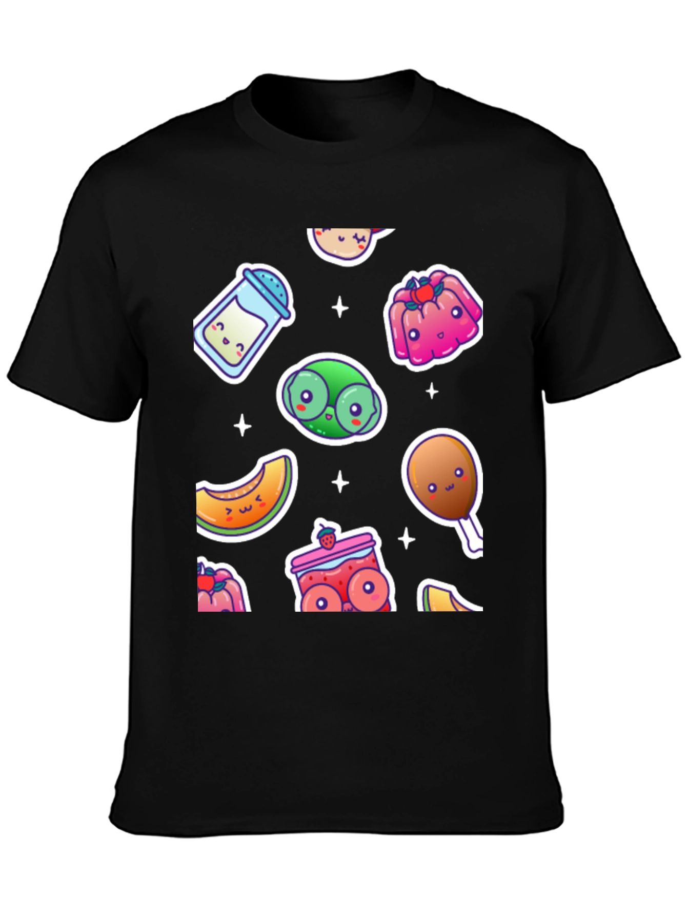 Kawaii Food Pattern Black T-Shirt