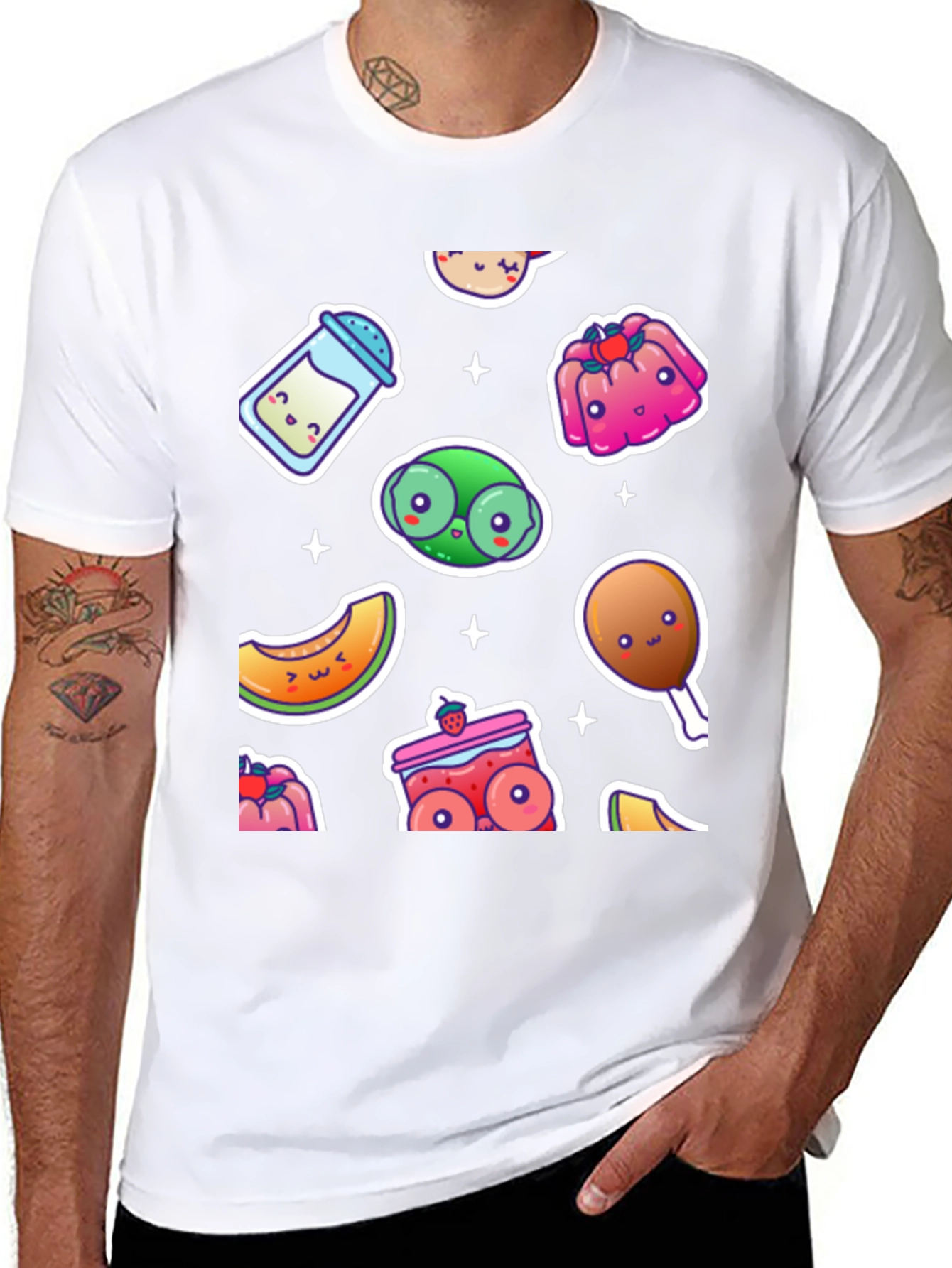 Kawaii Food Pattern Black T-Shirt