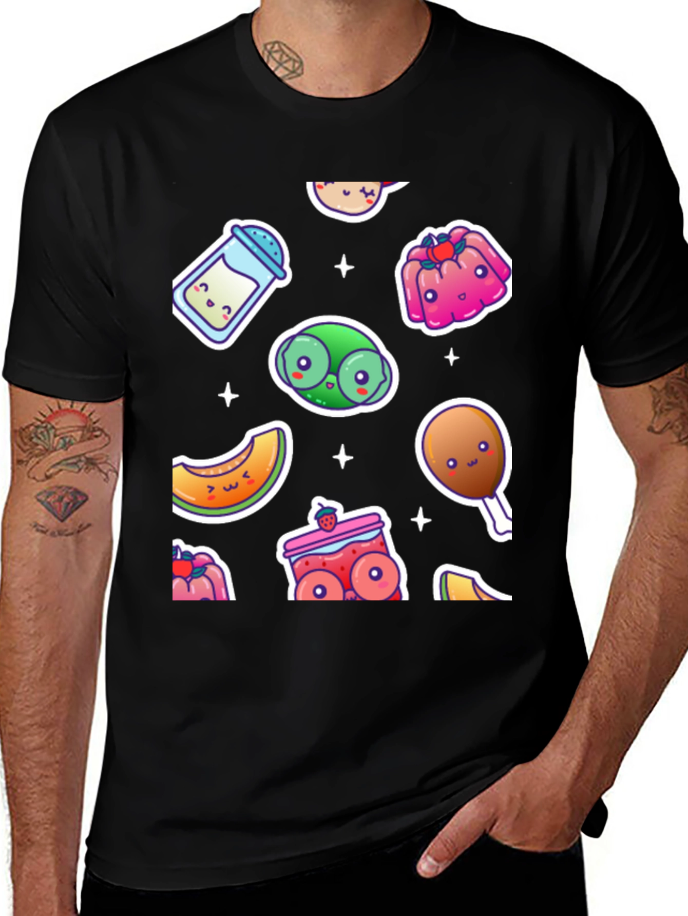 Kawaii Food Pattern Black T-Shirt