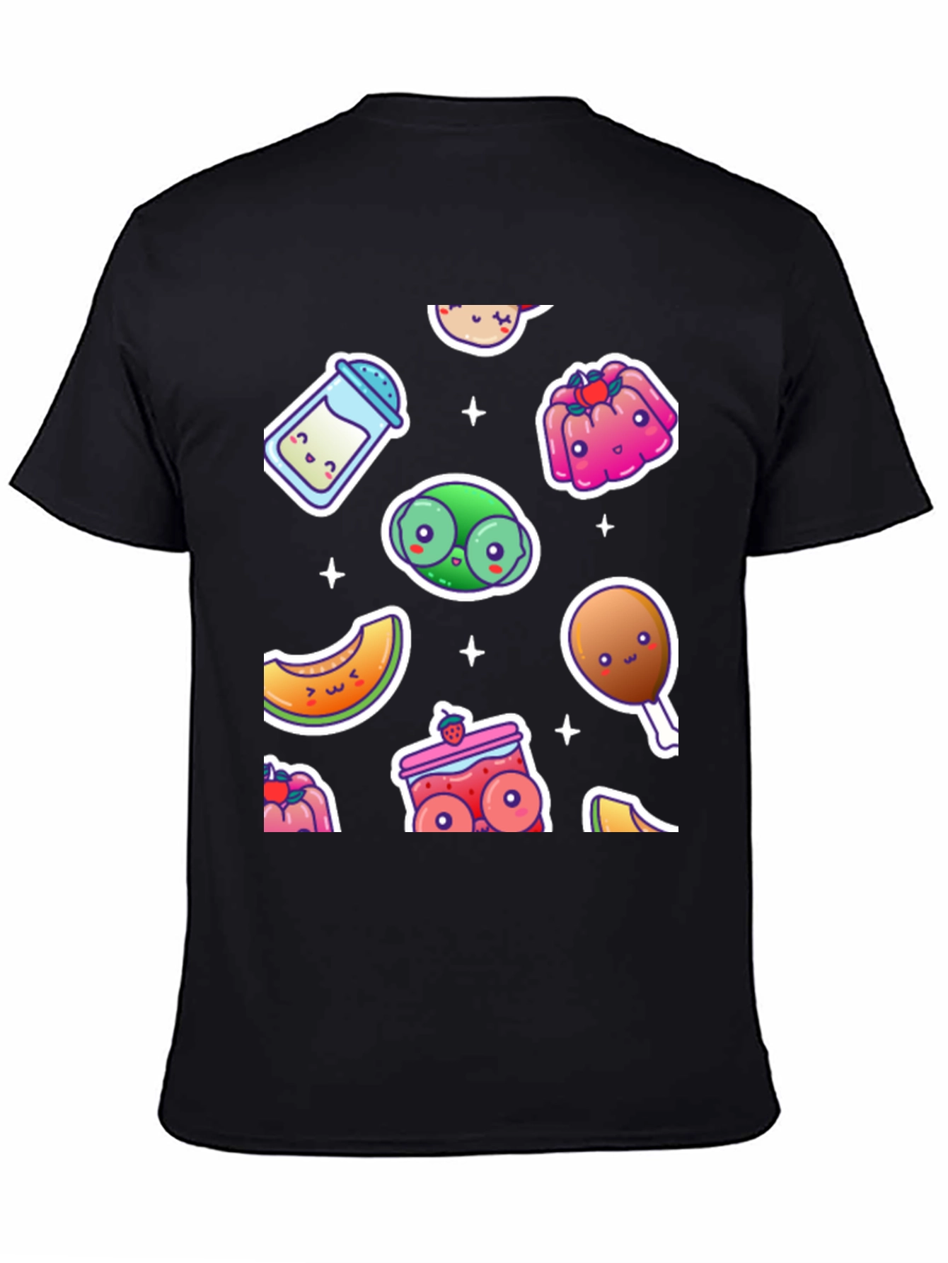 Kawaii Food Pattern Black T-Shirt