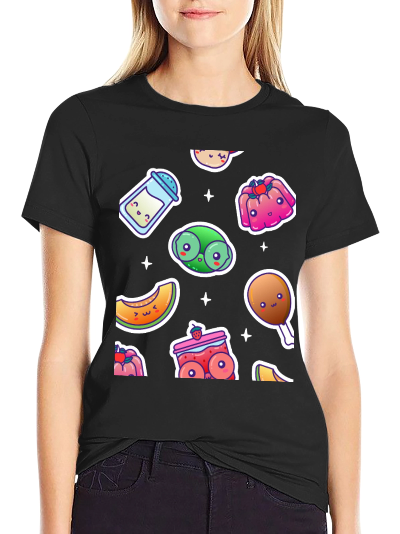 Kawaii Food Pattern Black T-Shirt