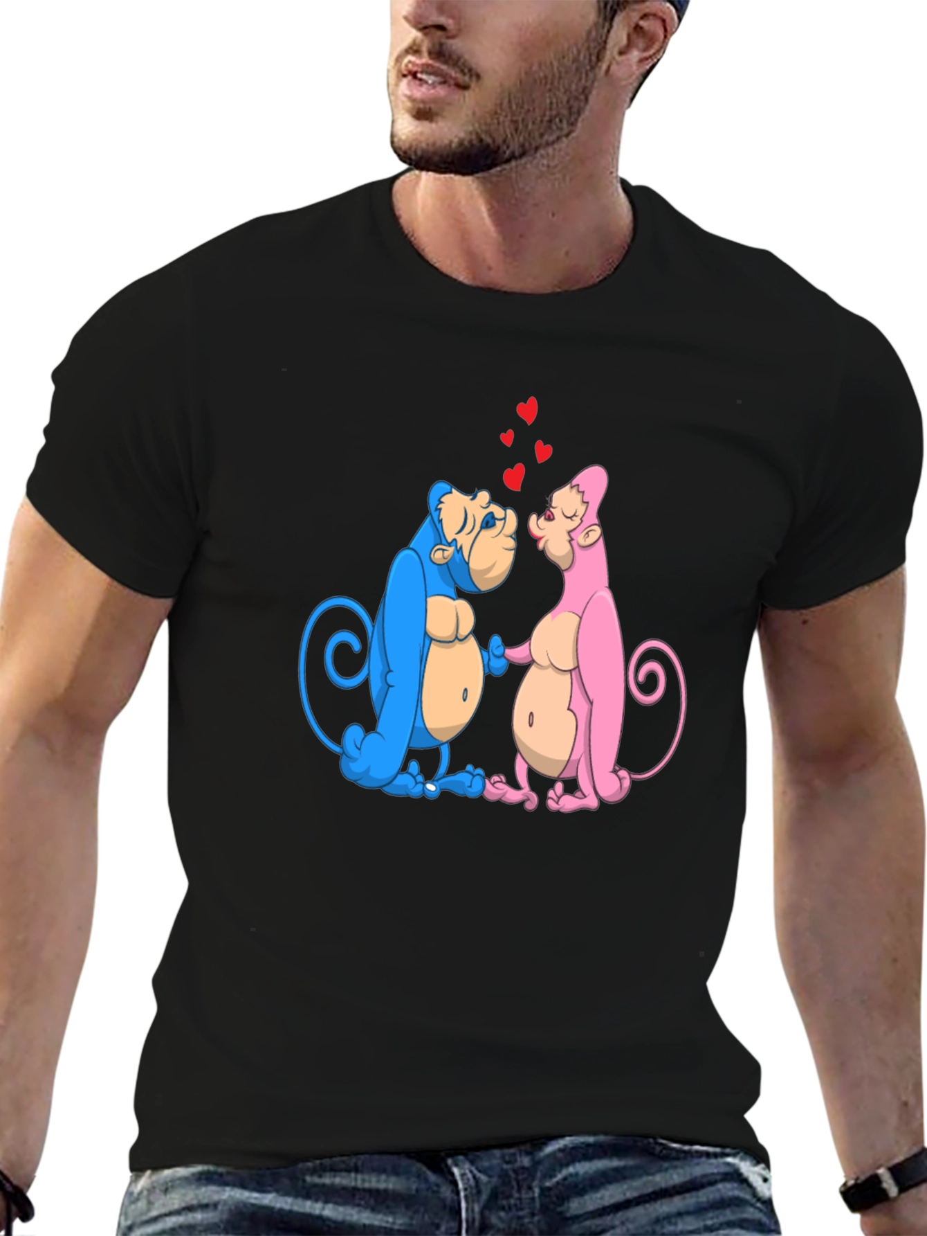 Kissing Monkeys Graphic Tee - Black Cotton Blend Shirt