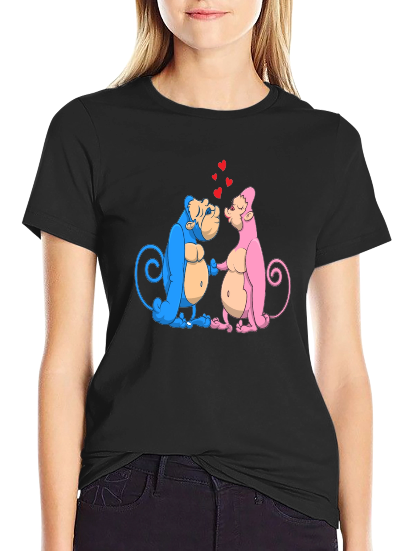 Kissing Monkeys Graphic Tee - Black Cotton Blend Shirt