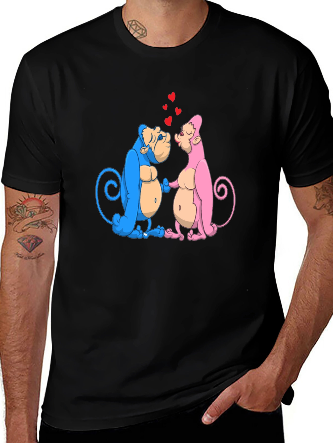 Kissing Monkeys Graphic Tee - Black Cotton Blend Shirt