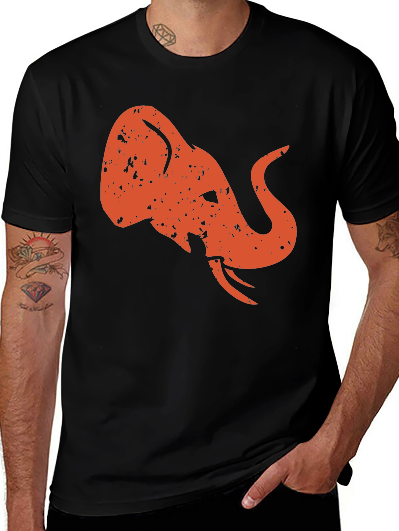 Retro Elephant Graphic Tee - Black Cotton Shirt