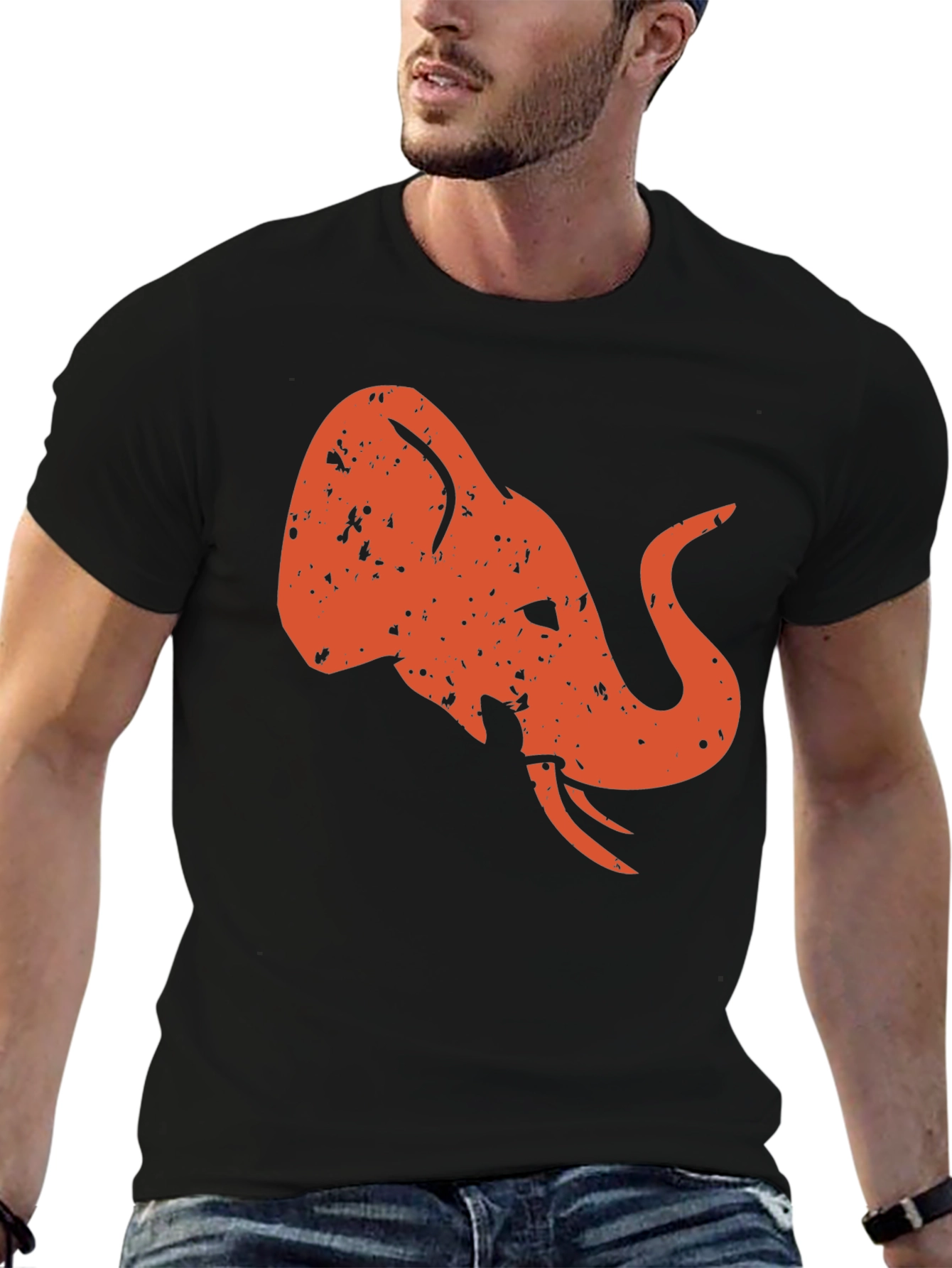 Retro Elephant Graphic Tee - Black Cotton Shirt