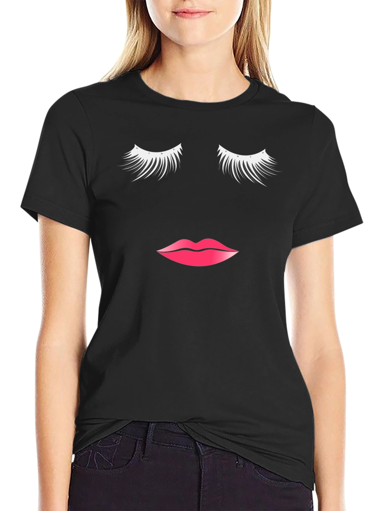 Eyelash & Lips Graphic Tee - Stylish Black T-Shirt