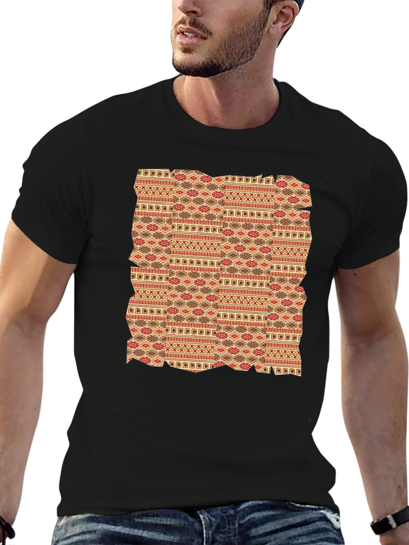 Tribal Pattern Graphic Tee - Black Crew Neck